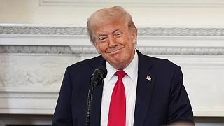 President Donald Trump speaks during the White House Faith Office luncheon in the State Dining Room.
