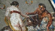 Roman mosaic depicting a pair of lovers, which was repatriated from Germany, is displayed in the auditorium of Pompeii archaeological park - 15 July 2025