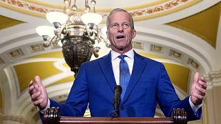 Sen. Majority Leader John Thune, talks after a policy luncheon on Wednesday 9 July 2025, at the Capitol in Washington.