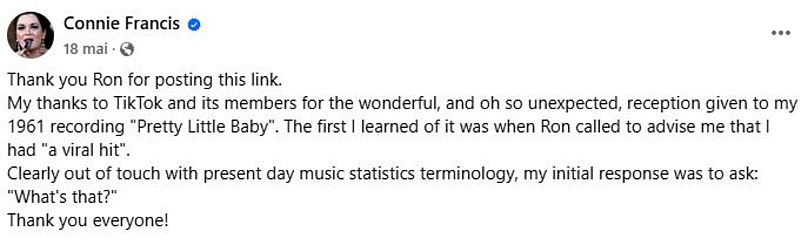Connie Francis' post on her newfound TikTok popularity