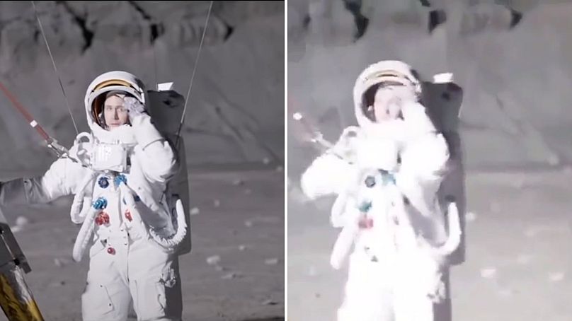 Solda Gosling'in rol aldığı filmin çekimlerinden net görüntü, sağda ise Ay'a iniş görüntülerinin aslında bir stüdyoda çekildiği iddiasına kanıt olarak sunulan görüntü.