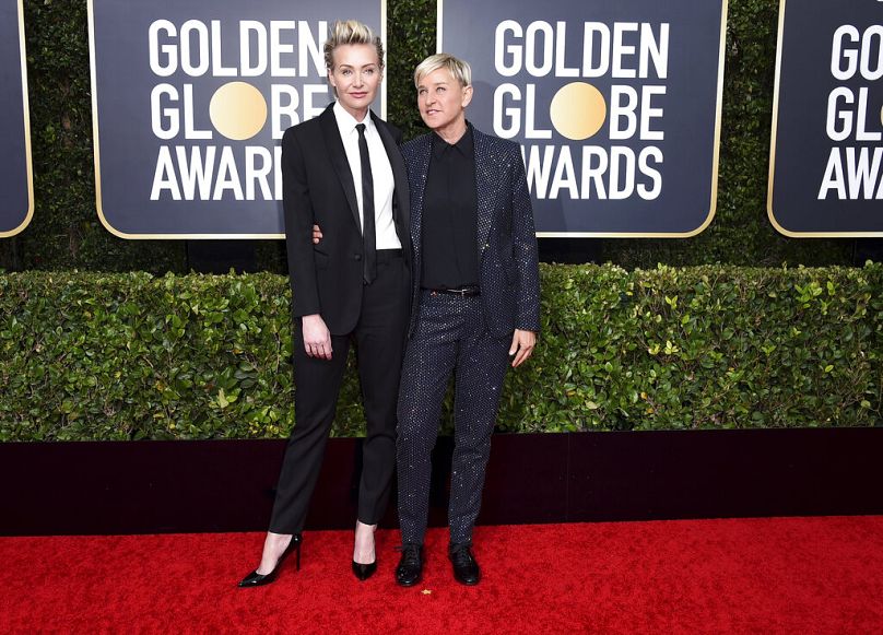 Portia de Rossi, left, and Ellen DeGeneres arrive at the 77th annual Golden Globe Awards in 2020.