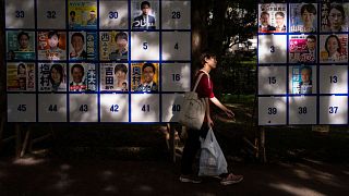 Un peatón pasa junto a un tablón electoral que muestra carteles de candidatos para las próximas elecciones a la Cámara Alta del 20 de julio en Tokio, 18 de julio de 2025.