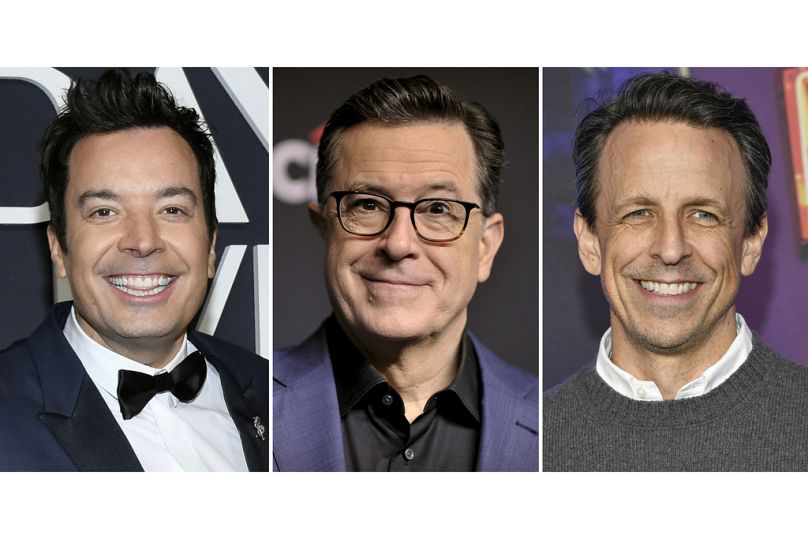Jimmy Fallon, left, Stephen Colbert, center, and Seth Meyers, right.