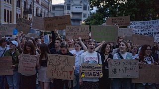 People during a protest against a law targeting anti-corruption institutions in central Kyiv, 22 July, 2025