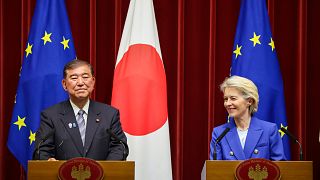 Japanese prime minister Shigeru Ishiba and EU Commission president Ursula von der Leyen during a press conference in Tokyo on 23 July 2025.