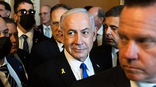 Israeli Prime Minister Benjamin Netanyahu walks to meet lawmakers at the Capitol in Washington, 9 July, 2025