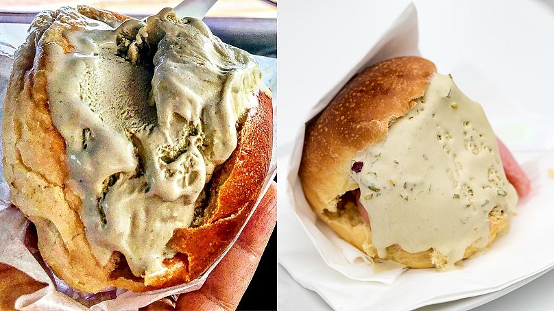 Brioche con gelato comes stuffed with scoops of creamy gelato.