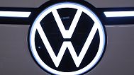 This is the Volkswagen logo on the front of the 2025 Volkswagen ID. Buzz on display at the Pittsburgh International Auto Show in Pittsburgh, Feb. 14, 2025. 