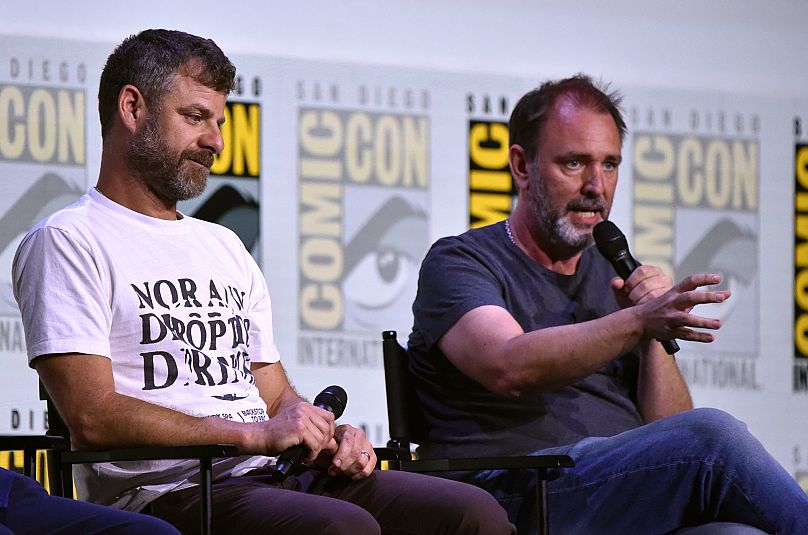 Matt Stone (left) and Trey Parker at the Comedy Central adult animation panel at Comic-Con, 24 July 2025, San Diego.