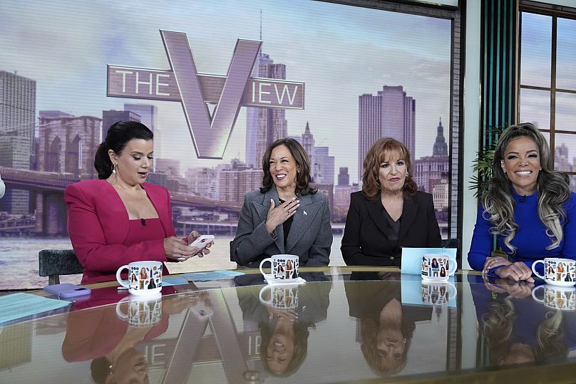 Democratic nominee Kamala Harris chats with Ana Navarro, Joy Behar (centre), and Sunny Hostin during a break on The View, 8 October 2024, in New York.