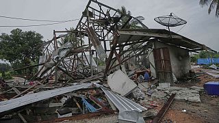 A house is seen damaged after Cambodia fired artillery shells in Surin Province, Thailand, Sunday, July 27, 2025. 
