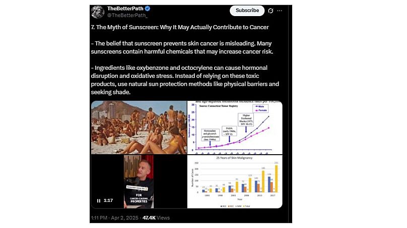 Publicación de X compartiendo afirmaciones sobre la crema solar