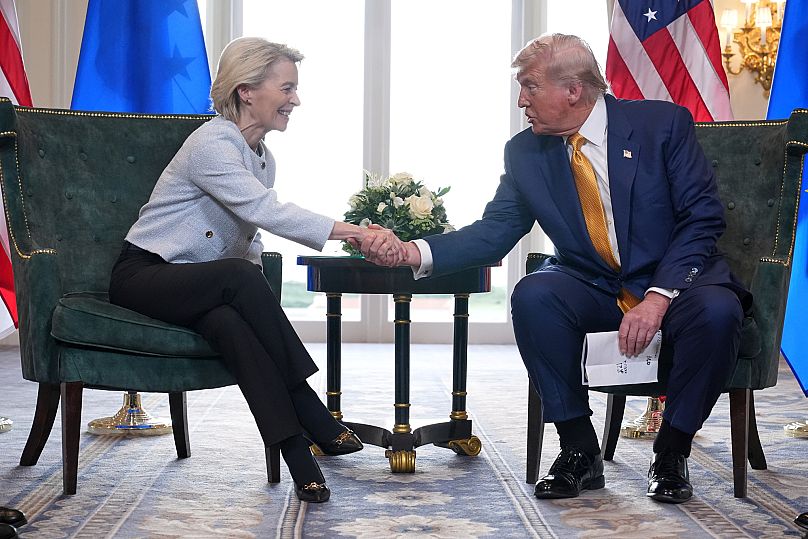 President Donald Trump and European Commission President Ursula von der Leyen shake hands after reaching a trade deal in Scotland, 27 July, 2025