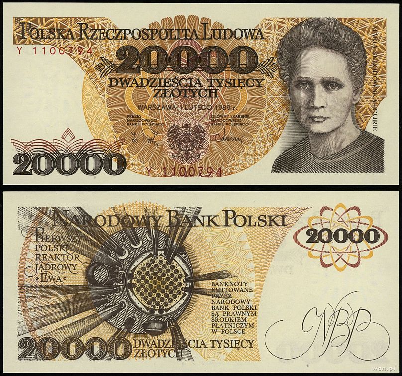 banknot 20 000zł z wizerunkiem Maria Skłodowska-Curie i reaktor 