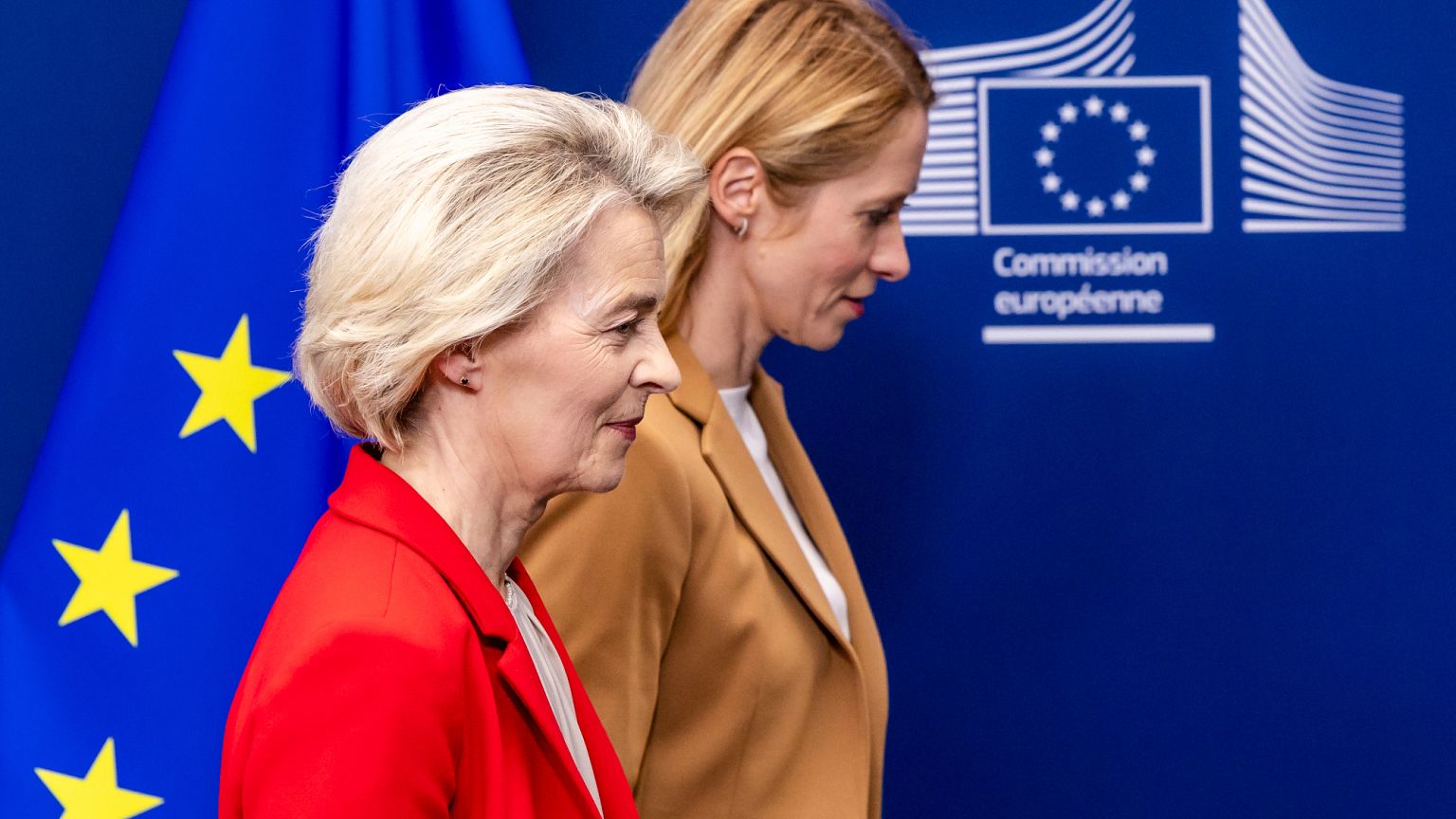 European Commission President Ursula von der Leyen, left, and European Union foreign policy chief Kaja Kallas leave after a media briefing at EU headquarters in Brussels.