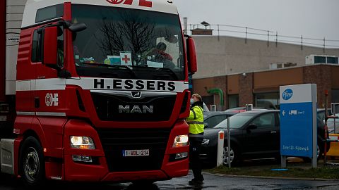  A truck arrives to the loading bays at the US company Pfizer manufacturing plant in Puurs, Belgium.