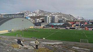 FILE: Soccer players attend a training session on artificial turf of Nuuk stadium in Nuuk, Greenland, Tuesday June 17, 2025.