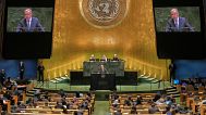 آنتونیو گوترش، دبیرکل سازمان ملل متحد، دوشنبه، 28 ژوئیه 2025 در مجمع عمومی سازمان ملل سخنرانی می کند.
