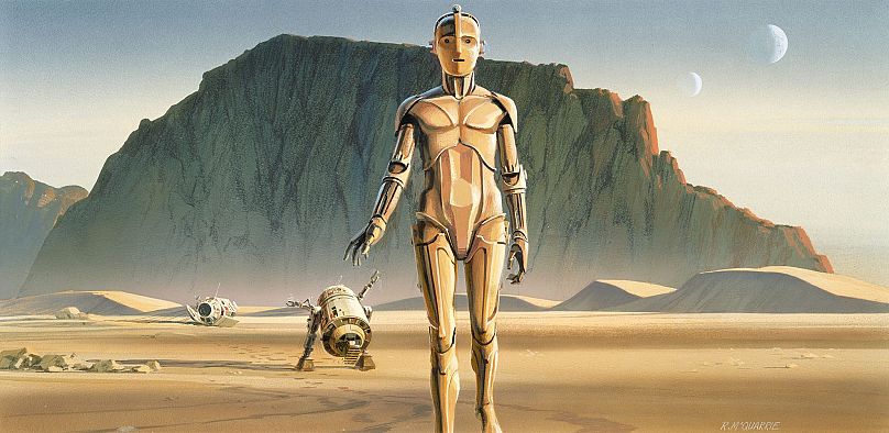 Ralph McQuarrie, production painting for Star Wars Episode IV: A New Hope (Artoo and Threepio leave the pod in the desert), January 31, 1975,