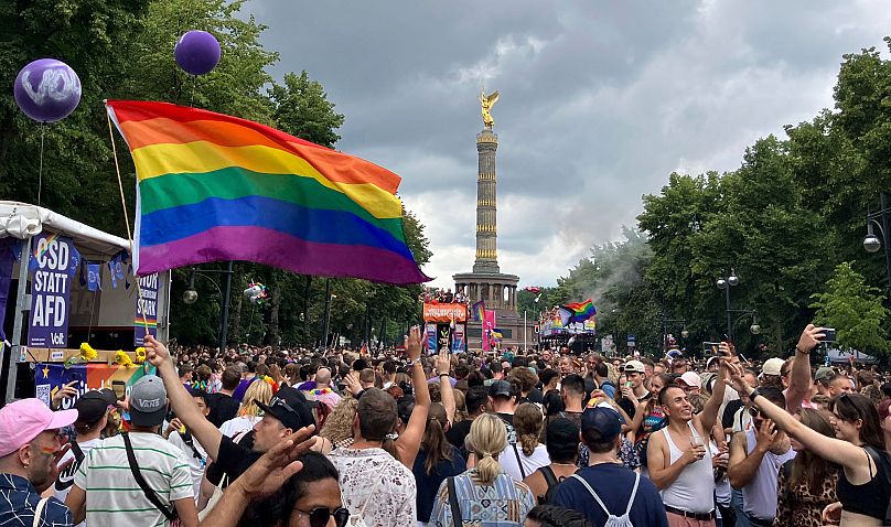 People celebrate at the 46th Berlin Pride parade for Christopher Street Day (CSD) in Berlin. 