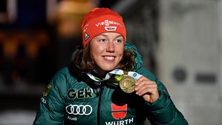 Laura Dahlmeier of Germany bronze medalist after the women's 10km pursuit competition at the IBU World Biathlon Championships in Ostersund, Sweden, March 10, 2019.