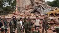 A delegation of the military and diplomats from 13 countries visit a damaged Buddhist pagoda in Cambodia, 30 July, 2025