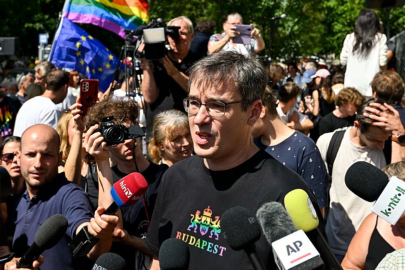 Budapest Mayor Gergely Karácsony speaks to the media in front of the National Investigation Bureau in Budapest, 1 August, 2025