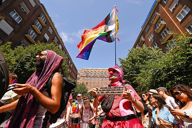 Participants gather during the Budapest Pride march in Budapest, 28 June, 2025