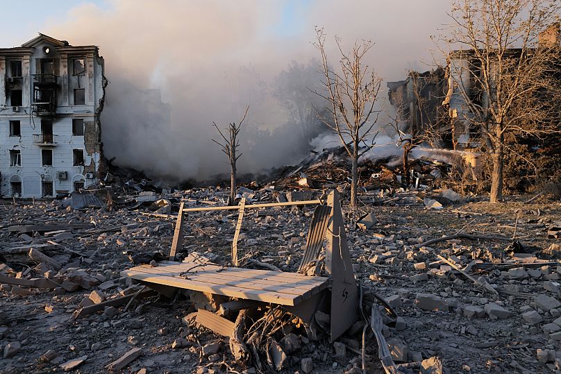 Smoke rises over a residential building destroyed by a Russian air strike on Kramatorsk, 31 July, 2025
