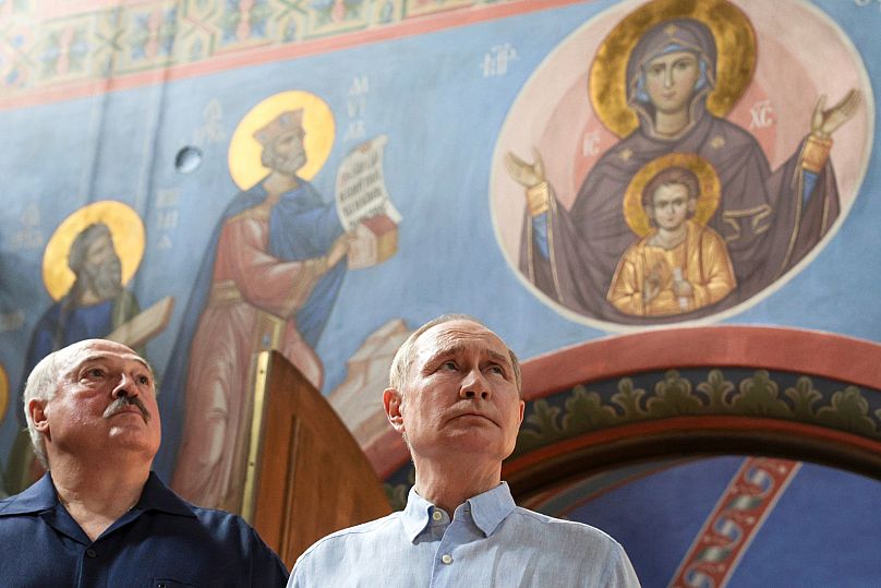 Russian President Vladimir Putin and Belarusian President Alexander Lukashenko visit the Smolensky Skete of Valaam Monastery at Valaam, 1 August, 2025