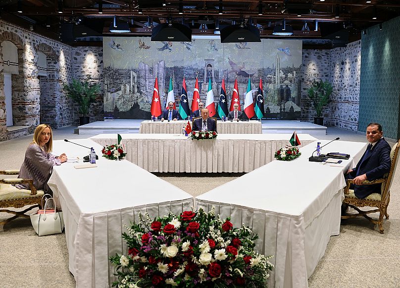Recep Tayyip Erdoğan, centre, Italian Prime Minister Giorgia Meloni and Libyan Prime Minister Abdul-Hamid Dbeibah during a meeting in Istanbul, 1 August, 2025