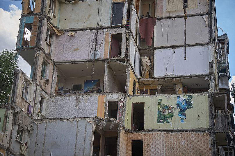 A view on the multi-storey residential house that was hit by the Russian missile Thursday night in Kyiv, 1 August, 2025