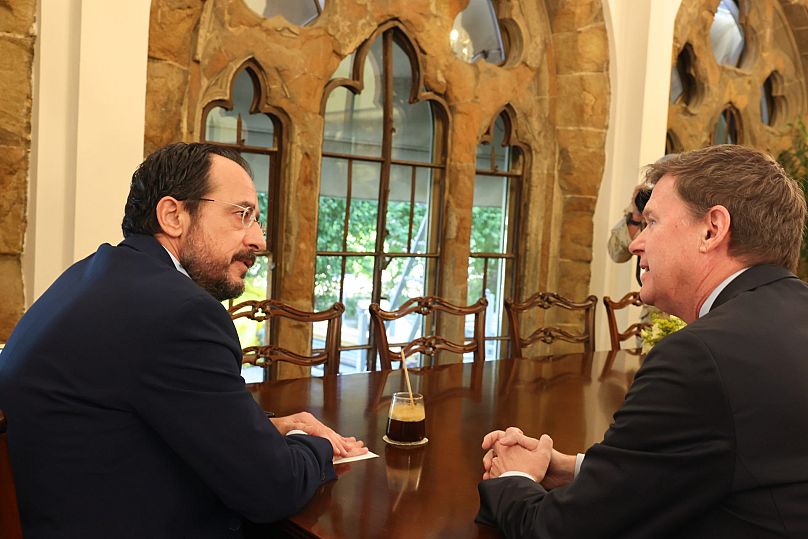 Cypriot President Nikos Christodoulides (left) and outgoing UN Special Representative to Cyprus Colin Stewart.