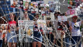 Families of hostages protest, demanding the release from Hamas captivity in the Gaza Strip, at the plaza known as the hostages square in Tel Aviv, Israel, 2 August 2025.