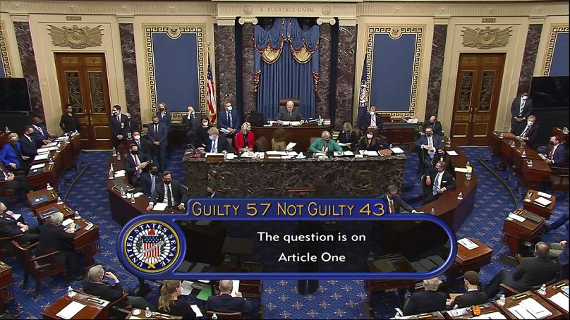 In this image from video, the final vote total of 57-43 to acquit Trump of the impeachment charge, incitement of insurrection, in the Senate in 2021.