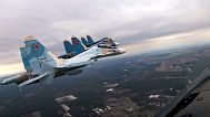 Feb. 17, 2022, Su-30 fighters of the Russian and Belarusian air forces fly in a joint mission during military drills in Belarus