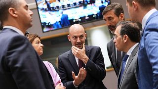 Foreign affairs ministers of France, Slovenia, Spain and Slovakia during a meeting of EU foreign ministers at the European Council building in Brussels