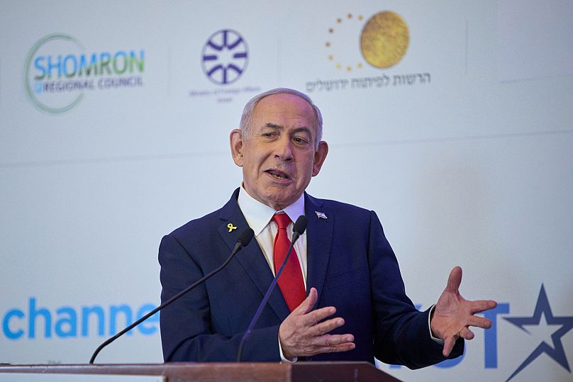 Israeli Prime Minister Benjamin Netanyahu speaks to the audience at a conference in Jerusalem, 27 July, 2025
