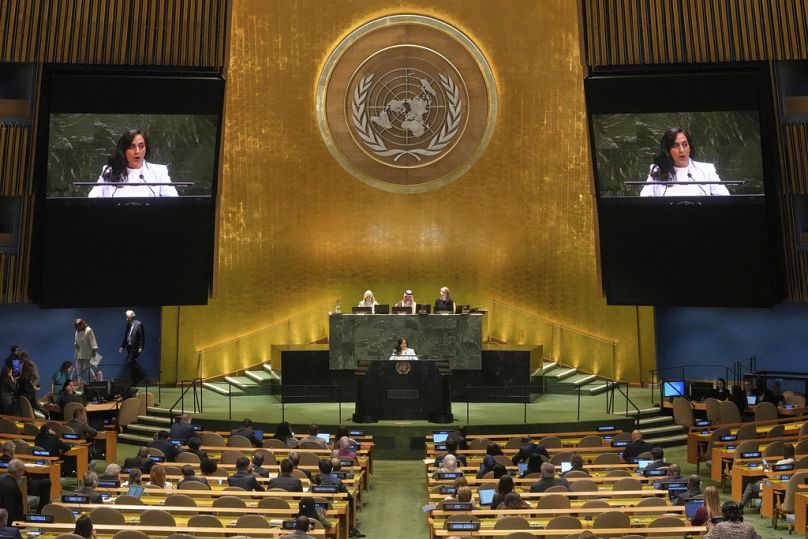 Kanada Dışişleri Bakanı Anita Anand, Birleşmiş Milletler Genel Kurulu’na hitap ederken, 28 Temmuz 2025