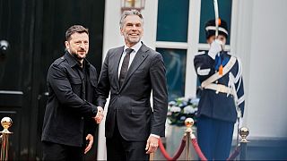 Netherland's Prime Minister Dick Schoof greets Ukraine's President Volodymyr Zelenskyy on the sidelines of the NATO summit in The Hague, Netherlands, Tuesday, June 24, 2025