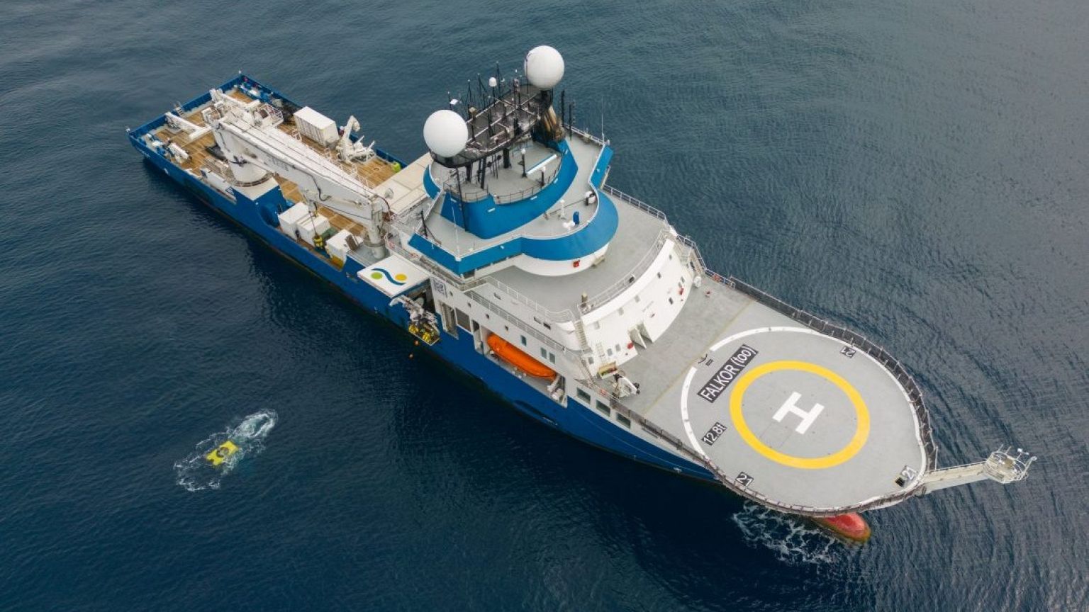 Remotely Operated Vehicle (ROV) SuBastain is deployed from Research Vessel Falkor (too) at the beginning of a scientific dive.