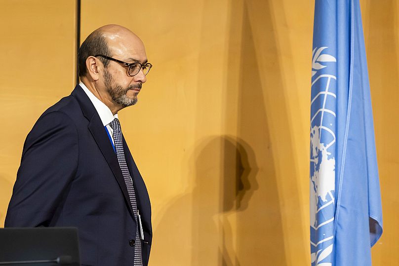 Chair of the International Negotiating Committee Luis Vayas Valdivieso arrives t the European headquarters of the United Nations in Geneva, Switzerland.