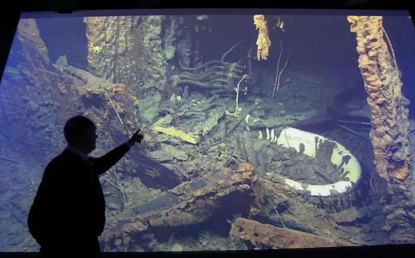 Professor Robert Ballard points to his footage of the wreck of the Titanic in the Belfast Building, 14 April, 2012