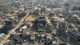 An aerial photograph taken by a drone shows the destruction caused by the Israeli air and ground offensive in Beit Lahiya, 17 February, 2025