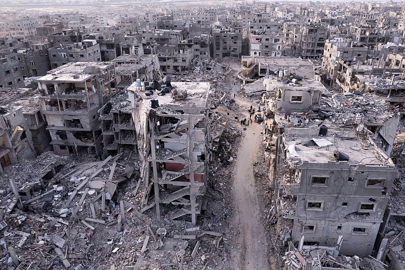 An aerial photograph taken by a drone shows the destruction caused by the Israeli air and ground offensive in Rafah, 24 January, 2025