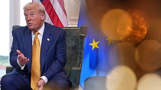President Donald Trump speaks as he meets European Commission President Ursula von der Leyen at the Trump Turnberry golf course in Turnberry, Scotland Sunday, July 27, 2025. 