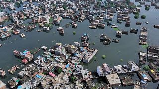 Submerged houses on the banks of the river Ganga following heavy monsoon rains in Prayagraj, 5 August, 2025