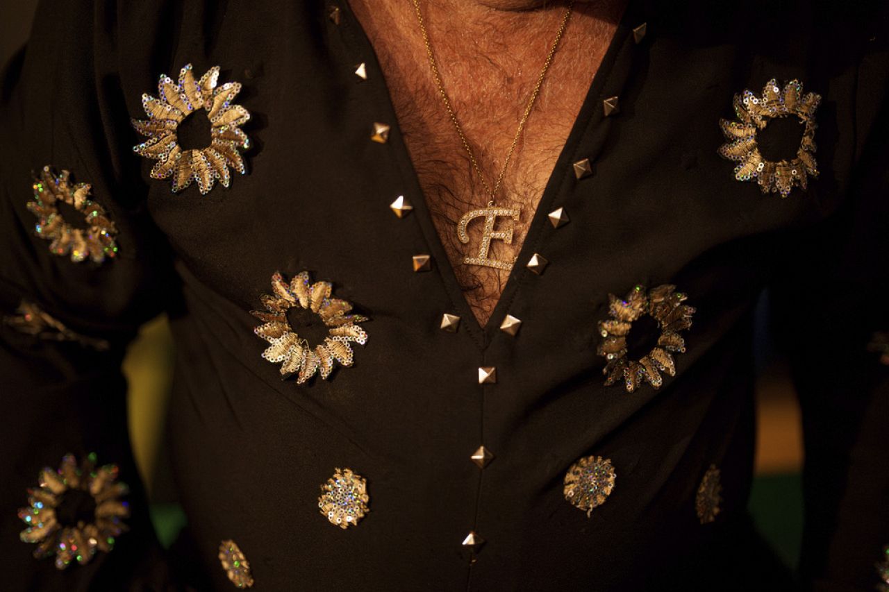 Rhinestones are a key part of Elvis Rromano's attire.