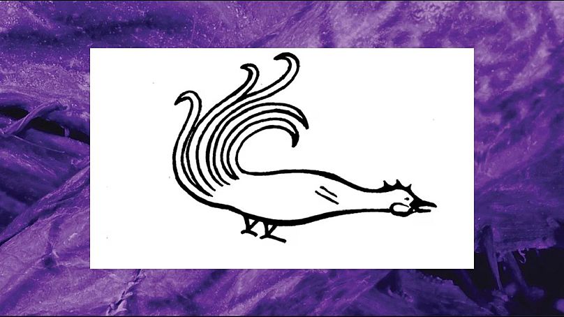 An illustration of a rooster tattoo found on the woman's thumb and fingers